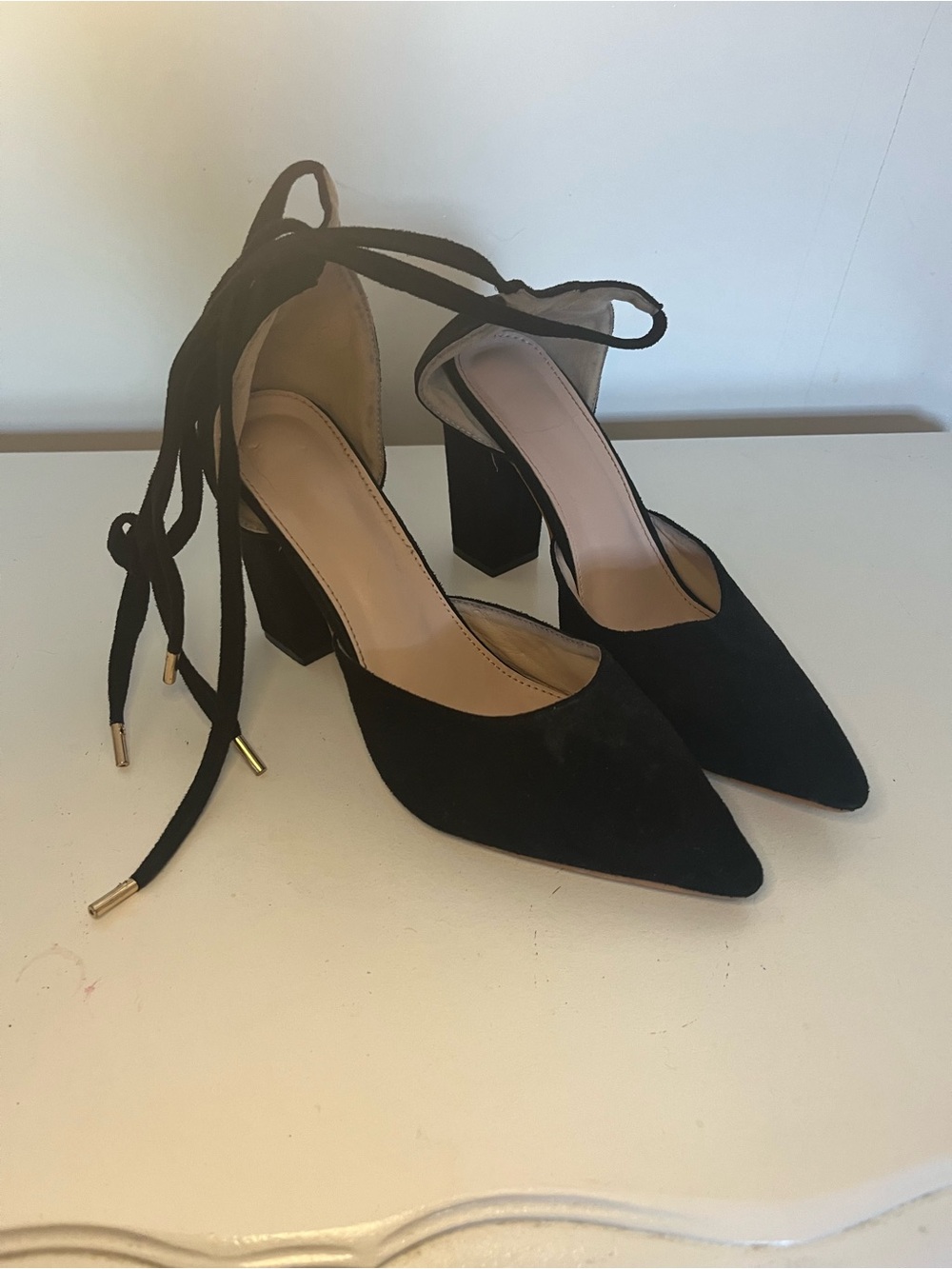 Classic Black Pointed Block Heel Ankle Tie Pumps - Women